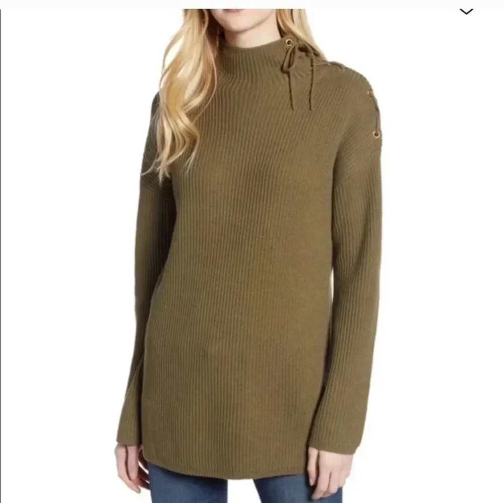 J.Crew Ribbed Tunic Lace-up Shoulder Knit Mock Neck Olive Green Sweater(M)